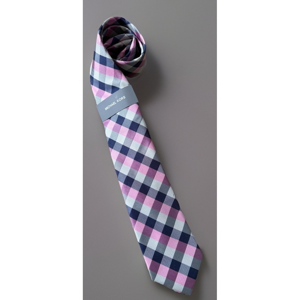 New Michael Kors Neckwear Tie Pink White Gray Plaid Pattern Polyester NWT JBHS